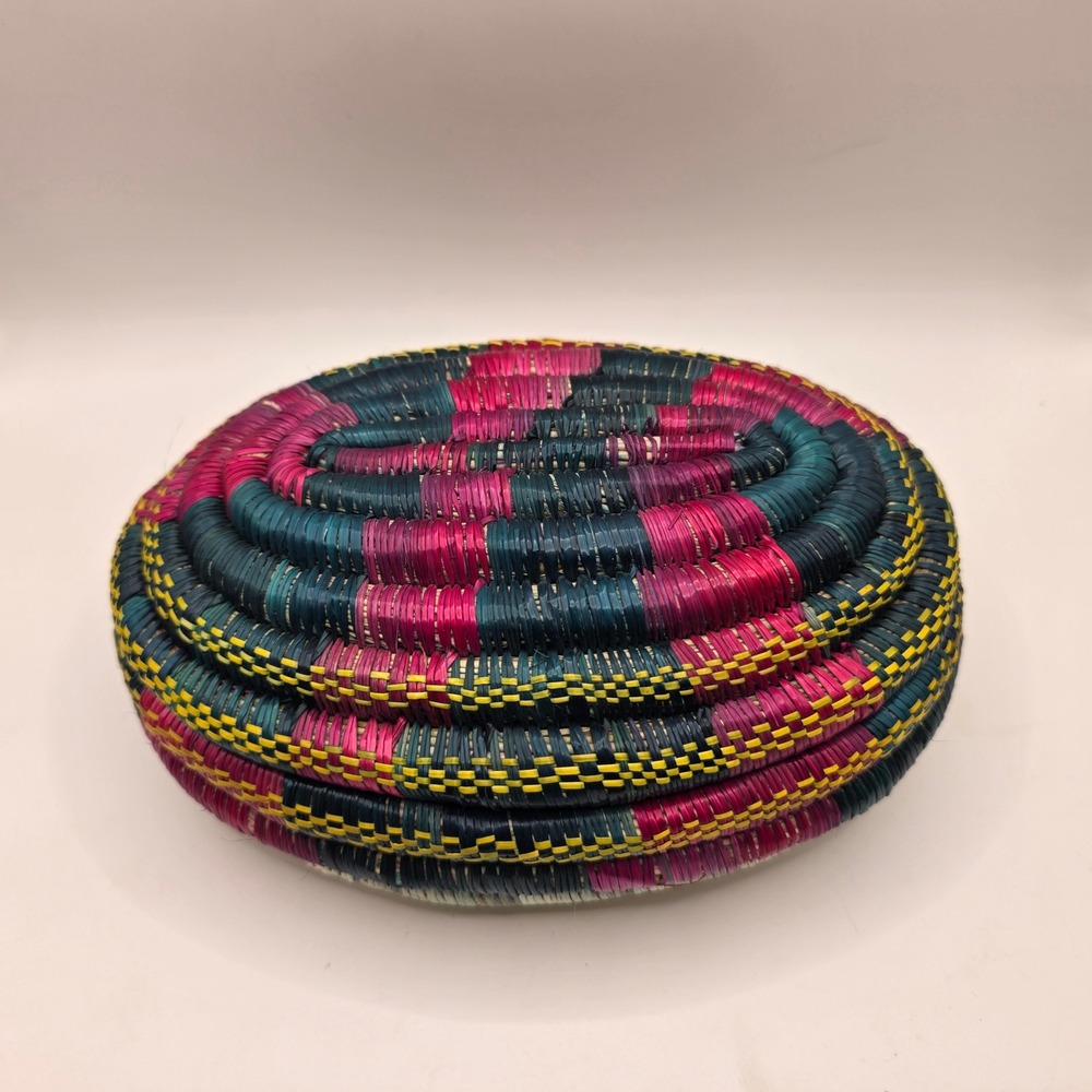 Handwoven Coiled Grass Muday Basket Ethiopian‎ Pink Green Yellow Boho Lidded Box